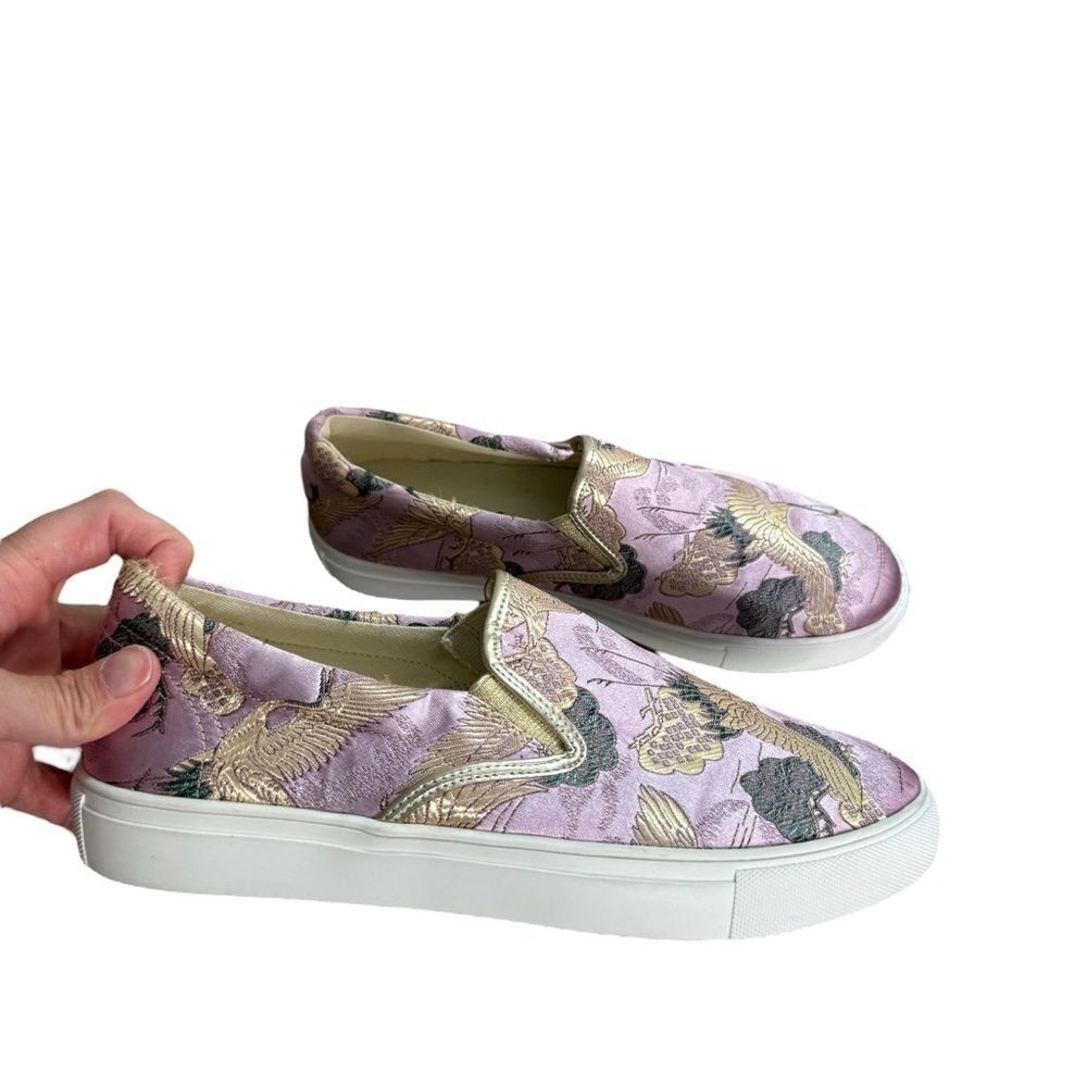 Johnny Was Purple Embroidered Satin Slip-On Sneakers Size 7 New Fun Artsy